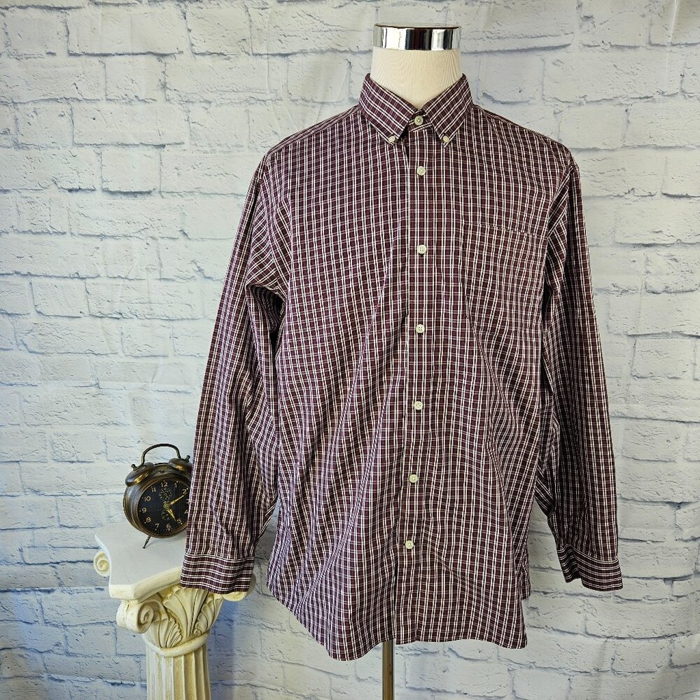 NWOT Eddie Bauer Mens XL Burgundy Check Plaid Relaxed Wrinkle Free Button Shirt